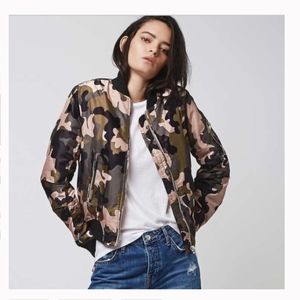 Honey Punch Satin Camo Bomber Jacket.